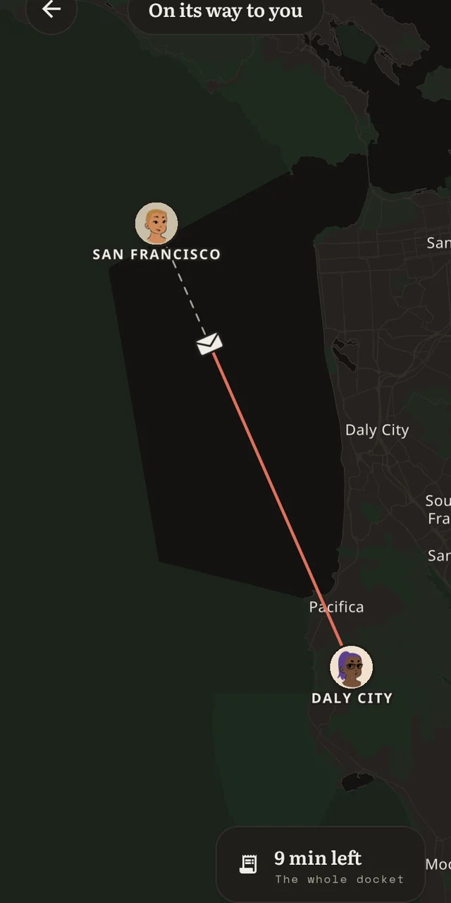 The Atlas in Letterway for Android, showing a letter in flight with nine minutes left