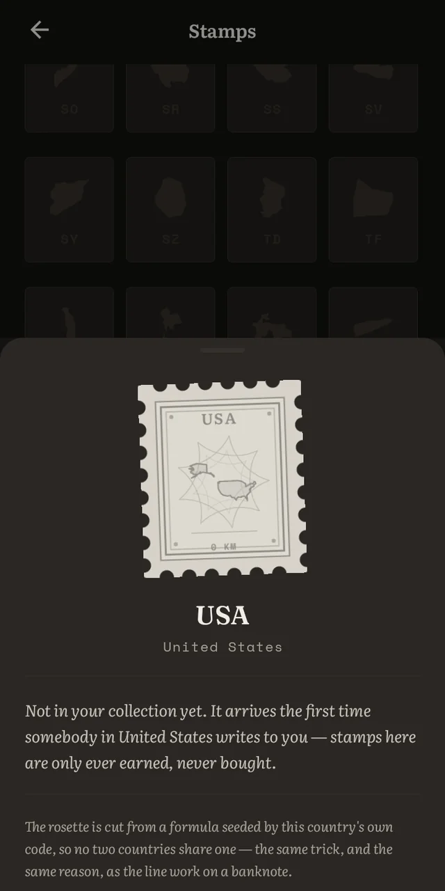 The stamp collection in Letterway, with the United States stamp open
